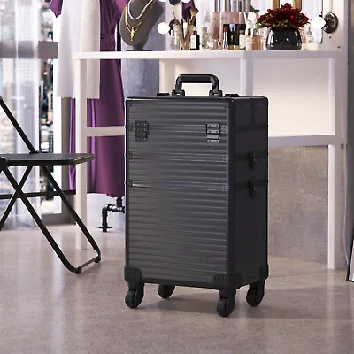 Large Makeup Case Trolley 3 In 1 Black Professional Vanity Drawer Case On Wheels • £65.95