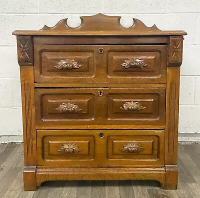 Antique Victorian Style Carved Oak Commode Washstand 3 Drawer Dresser • $749