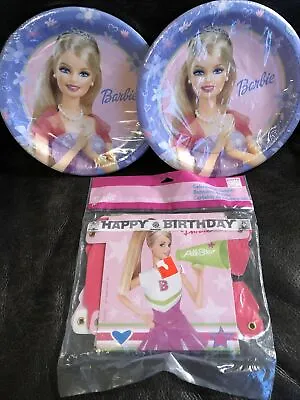 NEW LOT 16 BARBIE Hallmark CELEBRATION 6.75” Paper PLATE PARTY+Birthday Banner • $12.99