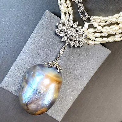 HUGE Baroque Pearl 14K White Gold Diamond Lozenge Necklace 25  + 2.5  Drop • $8300