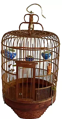 Asian Bamboo/teak Wood Slated Bird Cage W/4 Porcelain Feed Cups. Antique/vintage • $350