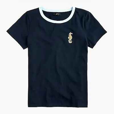 New JCREW Size XS Seahorse Embellished Tee Shirt In Navy • $19.95