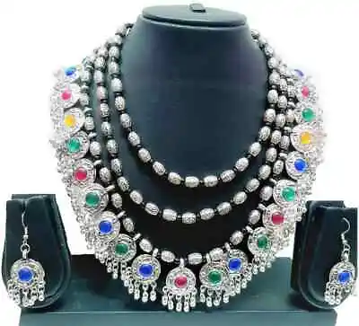 $16.19 • Buy Indian Bollywood Silver Oxidized CZ Jewelry Earrings Choker Layer Necklace Set