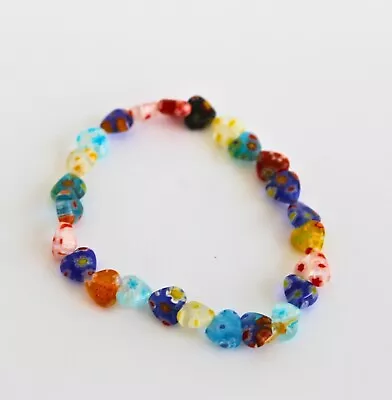 Bracelet Dainty Millefiori Glass Heart Shape Beads Stretch Micro Mosaic Retro • $15.99