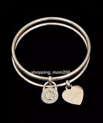 Michael Kors Silver Tone Heart/Lock Charms Bangle Set • $49.99