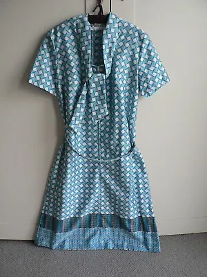 Vintage 1960s Dress Blue Geometric RETRO Scooter Shift MOD Ska Large • £12