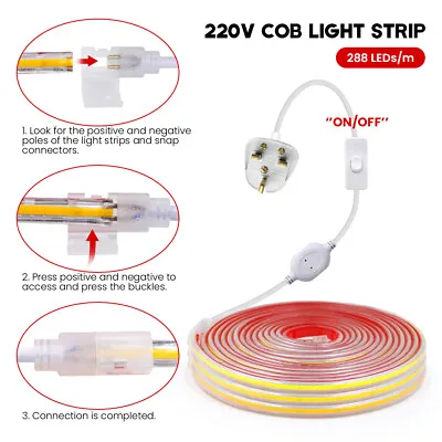 High Density COB LED Strip Lights 220V Self Adhesive Tape Under Cabinet Lighting • £16.79