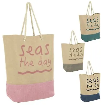 Large Beach Bag Canvas Style Jute Shopper Beige Tote Seas The Day Holiday • £12.99