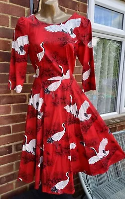 BNWT HEARTS & ROSES CRANE BIRDS SIZE 10 SWING DRESS VINTAGE 1950s ROCKABILLY • £20