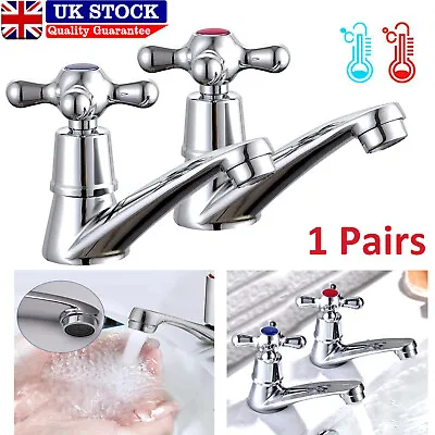 Pair Bathroom Basin Sink Taps Traditional Bath Twin Hot & Cold Tap Pair Chrome • £9.98