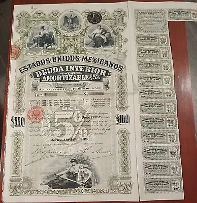 Mexico 1898 Deuda Interior Green Lady $500 Letter  I  ORIGINAL COUPONS Bond Loan • $470