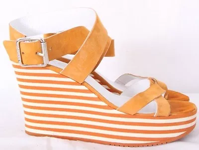 Michael Kors Orange Striped Ankle Strap Open Toe Wedge Sandal Shoes Women's 5.5 • $23.97