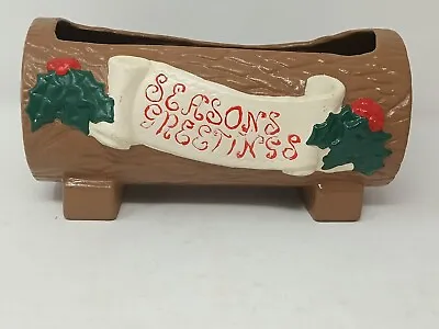 Christmas Card Holder Planter Seasons Greeting Ceramic Log Vintage 1984 • $14.99