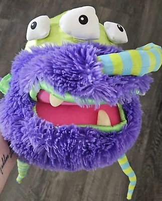 RARE Manhattan Toy 3-EYED MONSTER Hand Puppet Purple Lime Green Plush Striped • $22.99