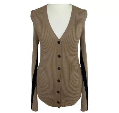 VICTORIA BECKHAM Camel Ribbed Merino Wool Cardigan M • £120