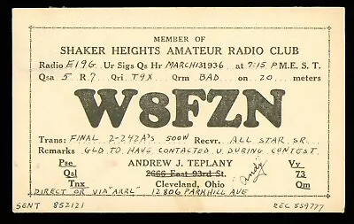 QSL Card Radio USA W8FZN 1936 Cleveland Ohio A J Teplany ≠ A1002 • $12.31