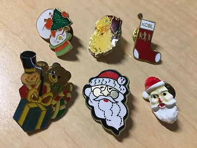 Christmas Santa Snowman Gift Vintage Enamel Pinback Lapel Pin Lot Of 6 • $11.39