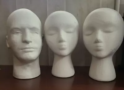 3 Styrofoam Mannequin Heads 1 Male 2 Female 11.5 H Commercial Display For Hats + • $20