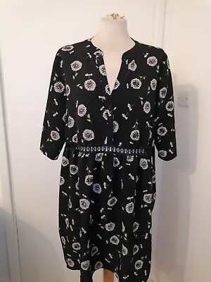 Black Dandelion Print Loose Smock Dress With Lace Panel River Island Size 18 • £11.25