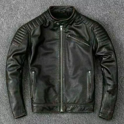 Mens Biker Motorcy Vintage Cafe Racer Distressed Black Real Leather Jacket • $113.33