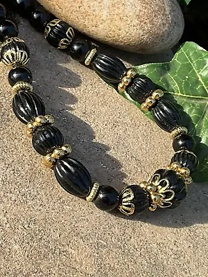 Vintage Trifari Gold Tone Filigreee Black Plastic Bead Necklace Jewelry  • $17.56