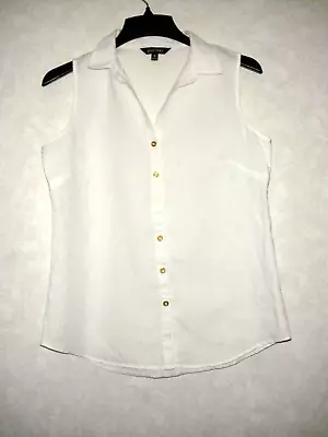 Ellen Tracy Top Women Medium White Linen Collared Sleeveless Button Up • $10.88