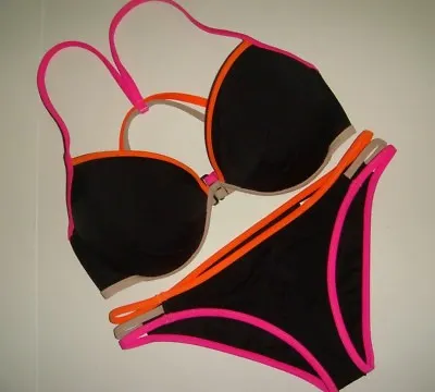 NWT Victoria's Secret Racerback 36DD BIKINI L Strappy Black Hot Pink Orange • $158.20