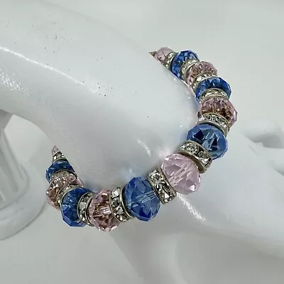 Cotton Candy Blue & Pink Crystal & Rhinestone Beaded Stretch Bracelet 6” • $9.99