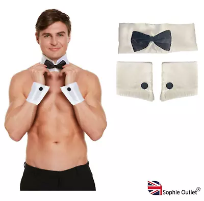 Male Stripper Set Fancy Dress Bow Tie Collar Cuffs Topless Waiter Hen Party UK • £4.96