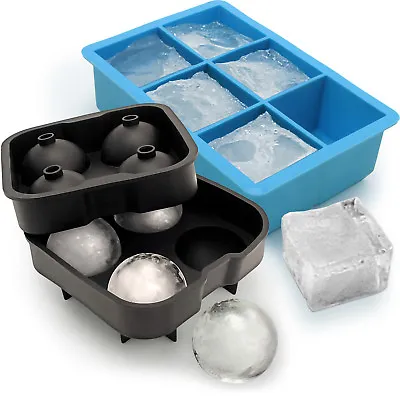 1x Ice Cube Tray 6 XL Jumbo Cube & 1x Silicone 4 Ice Ball Maker Mould Whiskey • £8.59