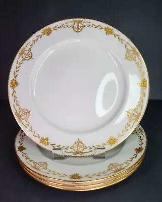 Set Of 4 MINTON BURLEY & CO Raised Gold Dinner Plates Rose Gilt Ribbons ANTIQUE • $115