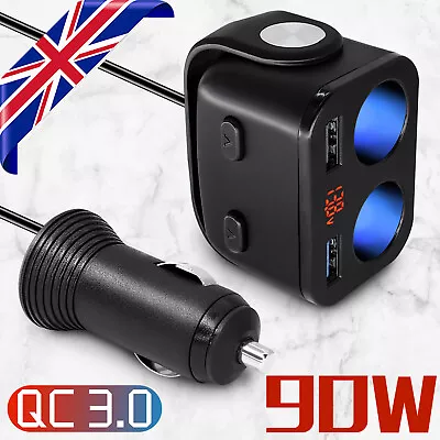 Car Cigarette Lighter Socket Splitter QC3.0 Extension Cord Cable Adapter Charger • £10.89