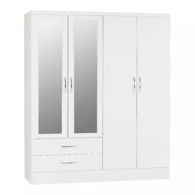 Nevada 4 Door 2 Drawer Mirrored Wardrobe In White Gloss Finish Hanging Rail • £287.99