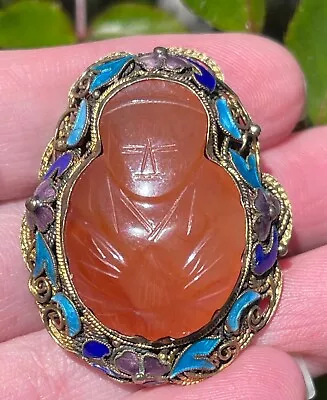 Chinese Export Gilt Silver Enamel Carnelian Brooch Pin Vintage Old Jewelry 15gms • $65