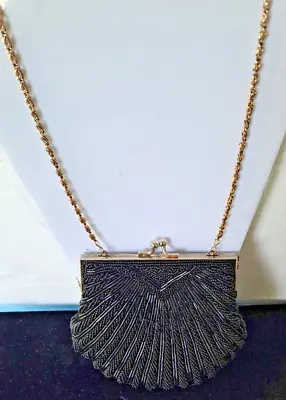 Walborg 50's Vintage Beaded Purse Evening Bag Black Shell Shape Hong Kong • $13