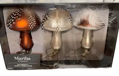 NEW MARTA STEWART S/3 Forest MUSHROOM W/FeatrersXmas  Glass  CLIP  4  BOX • $24.59