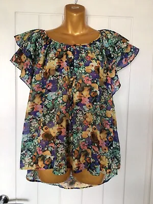 H&M Garden Collection Blue & Yellow Floral Peasant Top Blouse EUR 42 UK 14/16 • $14.93