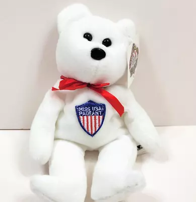 The Grand Palace  9” White Bear Beanie Baby With Badge Miss USA Pageant 1999 • $23.99