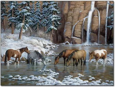 Western Horse Art Rustic Style Horse Herd By The River Vintage Painting Poster C • $26.18