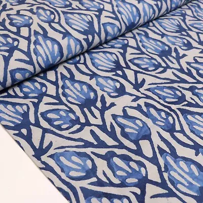 Cotton Voile Fabric - Indian Hand Block Print - Indigo - Dress Fabric • £6.49
