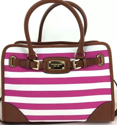 🌞michael Kors Hamilton Large Fuschia White Stripe Brown Leather Tote Bag🌺nwt • $185.99