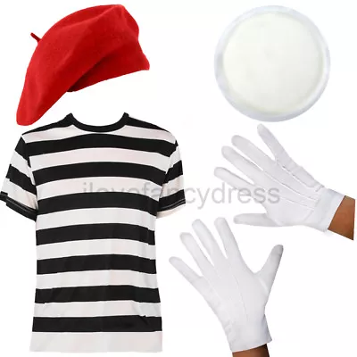 French Mime Artist Fancy Dress Costume T-shirt Red Beret Hat Gloves Face Paint • £14.99