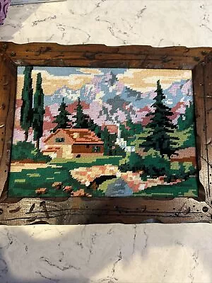 Vintage Cross Stitch Needlepoint Completed  Framed Scenic Picture • $9.99