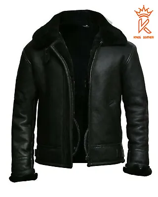 Men's B3 Bomber Aviator RAF Black Fur Genuine Sheepskin Leather Winter Jacket • $206.97