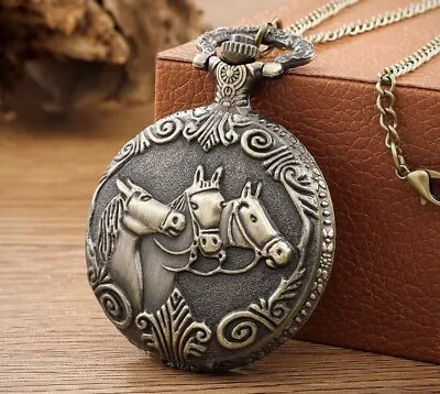 Antique Style Horses Pattern Pocket Dial Arabic Numeral Quartz Watch Necklace • $8.99
