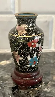 Vintage Miniature Black Asian Cloisonné Vase Enamel Over Brass 2” Floral W Stand • $9.99