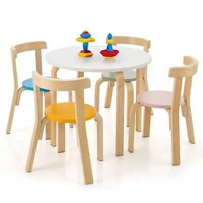 5-Piece Kids Table And Chair Set Children Wooden Activity Table 4 Curved Chairs • £88.95