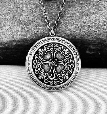 Shamrock 4 Leaf Clover Silver Locket Necklace Irish Scottish Scotland Celtic • $36.95