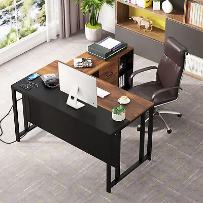 Vintage Office Executive Business Furniture Set L Desk With Outlet+ File Cabinet • $282.09