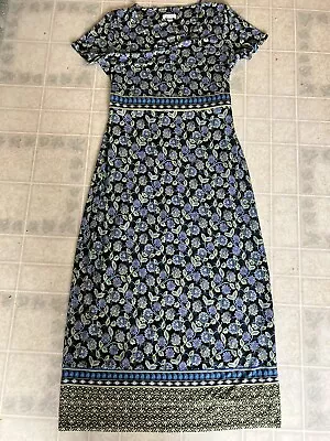 J Jill XS Black Purple Green Floral Placed Print Short Sleeve V Neck Long Dress • $24.99